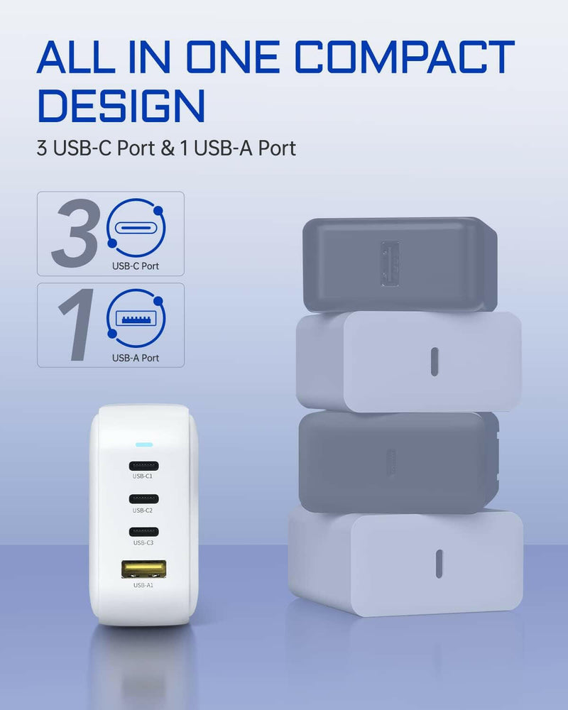 100W USB C Charger, 4-Port Gan PD PPS Fast USB Wall Charger Block, Portable Foldable Multiple Ports Power Adapter for Macbook, Laptop, Ipad, Iphone, Samsung, and More-White