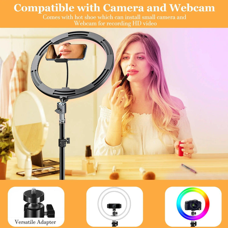 10" LED Selfie Ring Light with 63" Extendable Tripod Stand & Phone Holder, 6500K Dimmable LED Circle Lights for Live Streaming & Youtube Video Photography