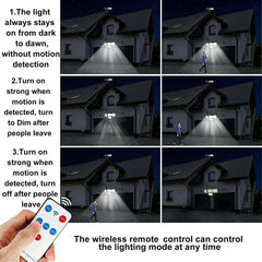 Super Bright Solar Motion Sensor Outdoor Lights Separate Solar Panel IP65 Waterproof 278 LED Beads PIR Security Flood Lights/3 Modes Remote Control/4 Heads 270 Wide Angle (2 Pack)