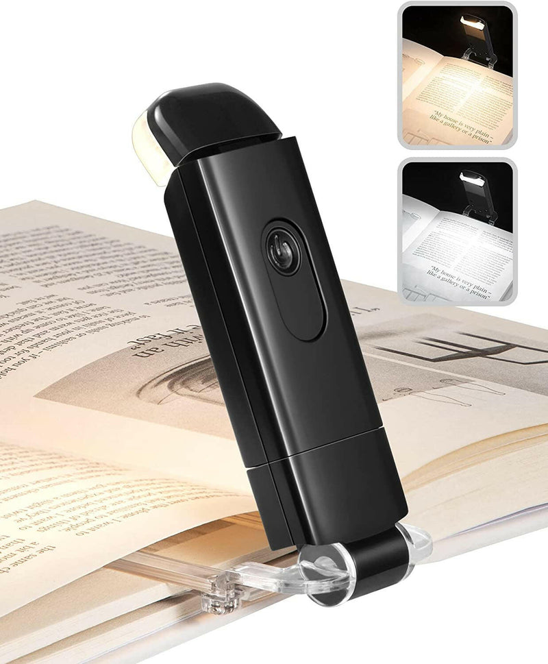 USB Rechargeable Book Reading Light, LED Eye Care Clip on Booklight for Reading in Bed, Portable Bookmark with Light for Kids, Warm White + Daylight, 4 Brightness Modes (Black)