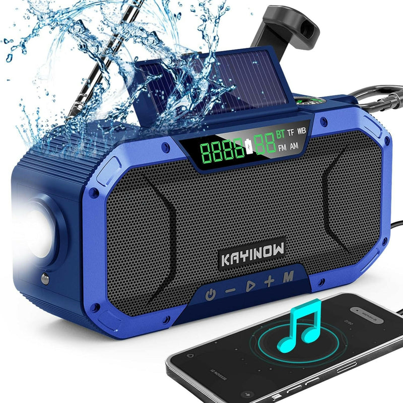 Emergency Weather Radio Hand Crank Solar,Portable NOAA AM FM Bluetooth Radio Speaker 5000Mah Battery Powered Waterproof Wind up Storm Radio Flashlight Phone Charger,Reading Light,Sos for Survival