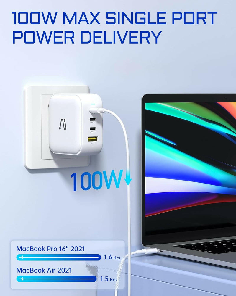 100W USB C Charger, 4-Port Gan PD PPS Fast USB Wall Charger Block, Portable Foldable Multiple Ports Power Adapter for Macbook, Laptop, Ipad, Iphone, Samsung, and More-White