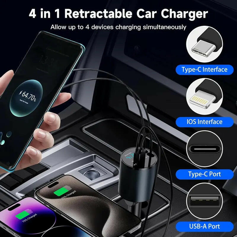 4 in 1 Retractable Car Charger Featuring Dual USB Ports, Voltage Display, and Compatible with Iphone 15/14/13, Galaxy S23/S22, Pixel,New Year Gift