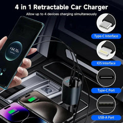 4 in 1 Retractable Car Charger Featuring Dual USB Ports, Voltage Display, and Compatible with Iphone 15/14/13, Galaxy S23/S22, Pixel,New Year Gift