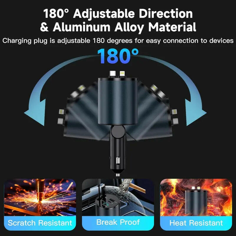 4 in 1 Retractable Car Charger Featuring Dual USB Ports, Voltage Display, and Compatible with Iphone 15/14/13, Galaxy S23/S22, Pixel,New Year Gift