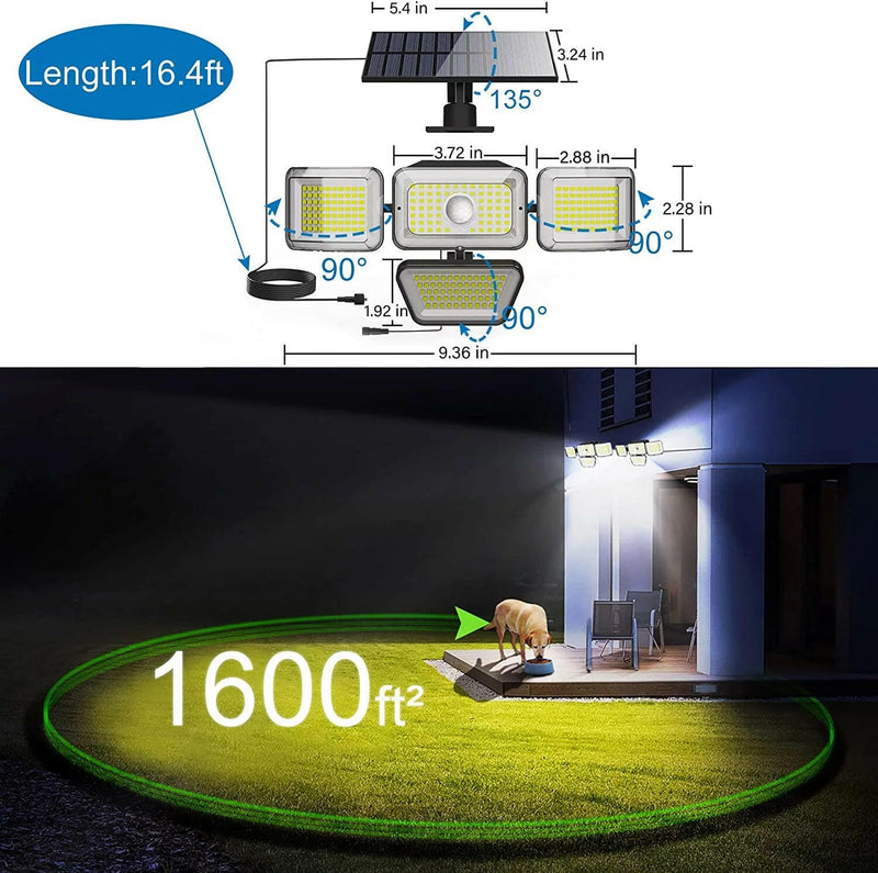 Super Bright Solar Motion Sensor Outdoor Lights Separate Solar Panel IP65 Waterproof 278 LED Beads PIR Security Flood Lights/3 Modes Remote Control/4 Heads 270 Wide Angle (2 Pack)