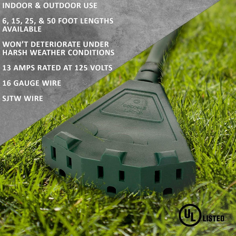 6-Foot Green Outdoor Extension Cord | Heavy-Duty Extension Cord for Appliances, Lawn Tools, & More | Triple-Tap Outlet Perfect for Landscape Projects