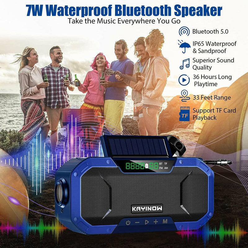 Emergency Weather Radio Hand Crank Solar,Portable NOAA AM FM Bluetooth Radio Speaker 5000Mah Battery Powered Waterproof Wind up Storm Radio Flashlight Phone Charger,Reading Light,Sos for Survival