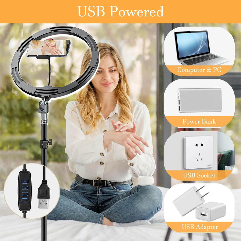 10" LED Selfie Ring Light with 63" Extendable Tripod Stand & Phone Holder, 6500K Dimmable LED Circle Lights for Live Streaming & Youtube Video Photography