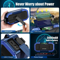 Emergency Weather Radio Hand Crank Solar,Portable NOAA AM FM Bluetooth Radio Speaker 5000Mah Battery Powered Waterproof Wind up Storm Radio Flashlight Phone Charger,Reading Light,Sos for Survival