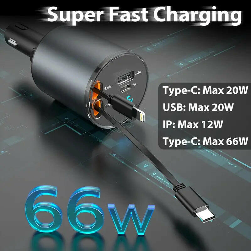 4 in 1 Retractable Car Charger Featuring Dual USB Ports, Voltage Display, and Compatible with Iphone 15/14/13, Galaxy S23/S22, Pixel,New Year Gift