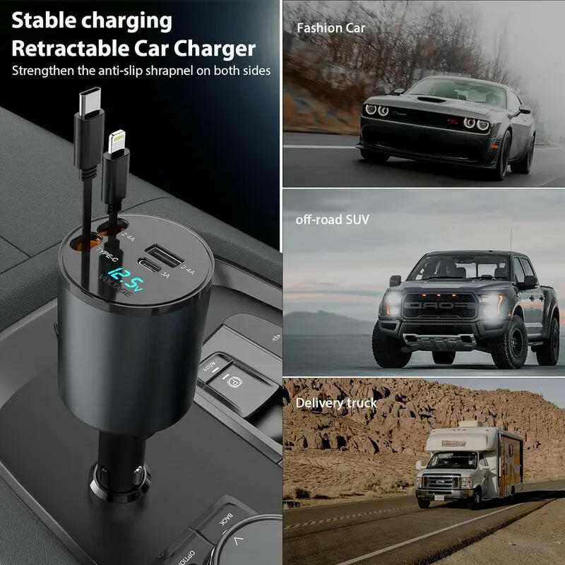 4 in 1 Retractable Car Charger Featuring Dual USB Ports, Voltage Display, and Compatible with Iphone 15/14/13, Galaxy S23/S22, Pixel,New Year Gift