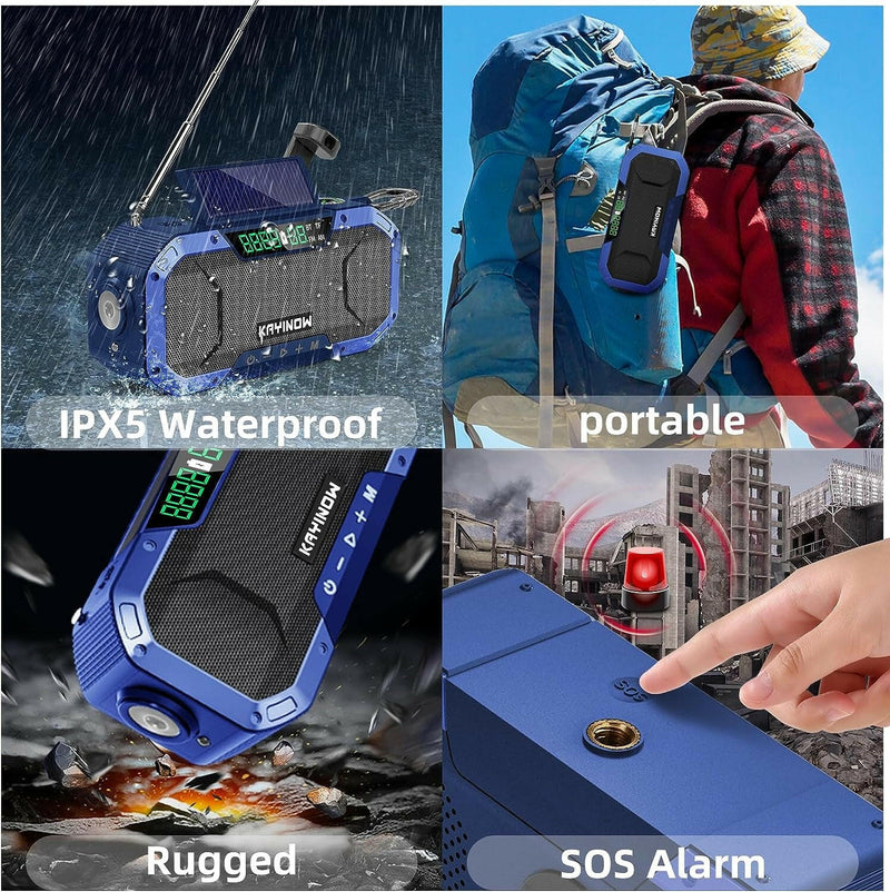 Emergency Weather Radio Hand Crank Solar,Portable NOAA AM FM Bluetooth Radio Speaker 5000Mah Battery Powered Waterproof Wind up Storm Radio Flashlight Phone Charger,Reading Light,Sos for Survival