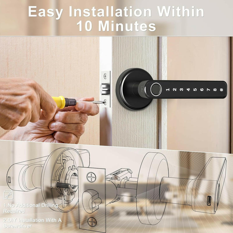 Fingerprint Door Lock Door Knob with Keypad Keyless Entry Door Lock with Handle for Home Hotel Office Apartment Bedroom Black(F190)