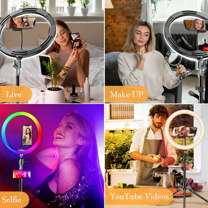 10" LED Selfie Ring Light with 63" Extendable Tripod Stand & Phone Holder, 6500K Dimmable LED Circle Lights for Live Streaming & Youtube Video Photography