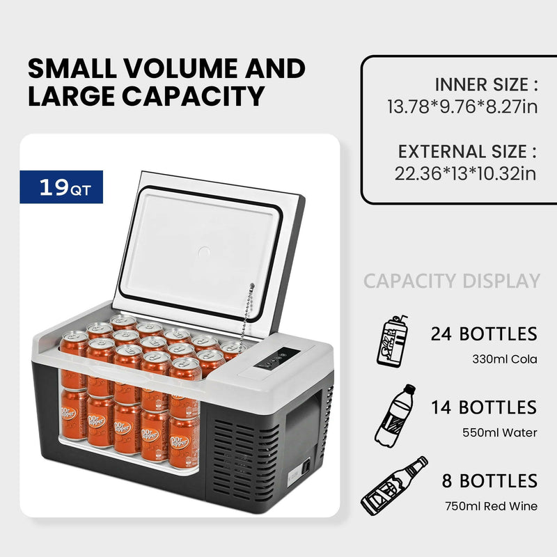 12 Volt Refrigerator, 19QT(18L) Portable Car Refrigerator, -4℉~50℉, 12/24V DC & 110-240V AC, Mini Fridge for Camping, Travel, Truck, Home, Black