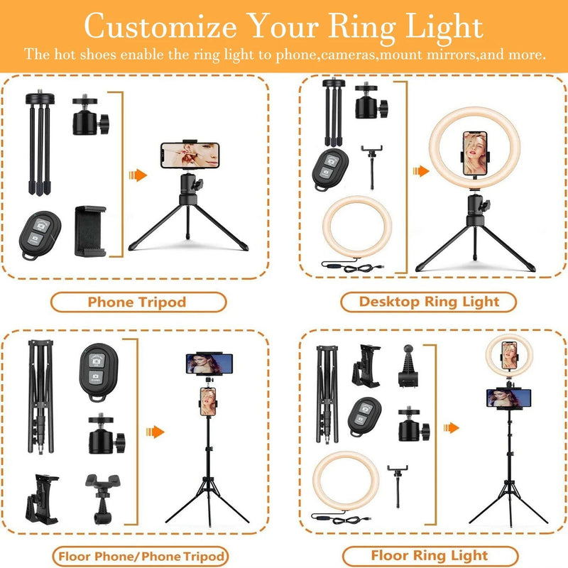 10" LED Selfie Ring Light with 63" Extendable Tripod Stand & Phone Holder, 6500K Dimmable LED Circle Lights for Live Streaming & Youtube Video Photography