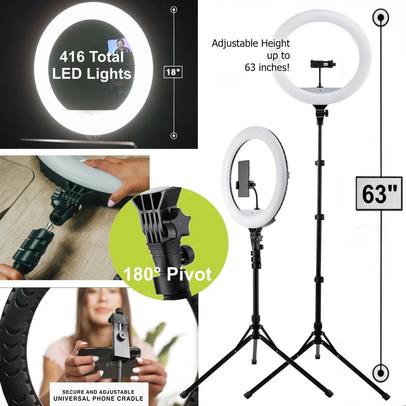 18-Inch LED Ring Light, Adjustable 63-Inch Tripod Stand, with Phone Stand and Wireless Remote for Selfies