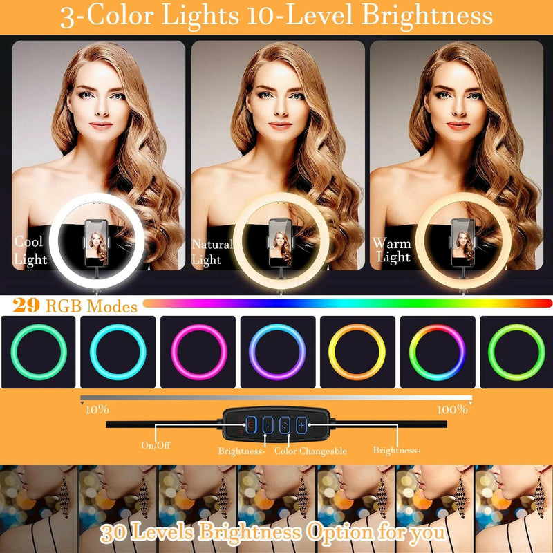 10" LED Selfie Ring Light with 63" Extendable Tripod Stand & Phone Holder, 6500K Dimmable LED Circle Lights for Live Streaming & Youtube Video Photography