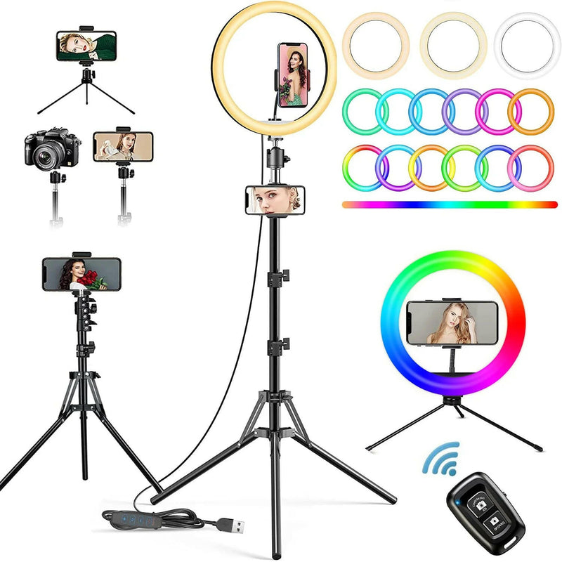 10" LED Selfie Ring Light with 63" Extendable Tripod Stand & Phone Holder, 6500K Dimmable LED Circle Lights for Live Streaming & Youtube Video Photography