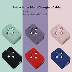 3 in 1 Retractable Multi Charging Cable Cord USB Compatible Iphone Android Type C Phone Holder Mini Portable Fast Charger Car